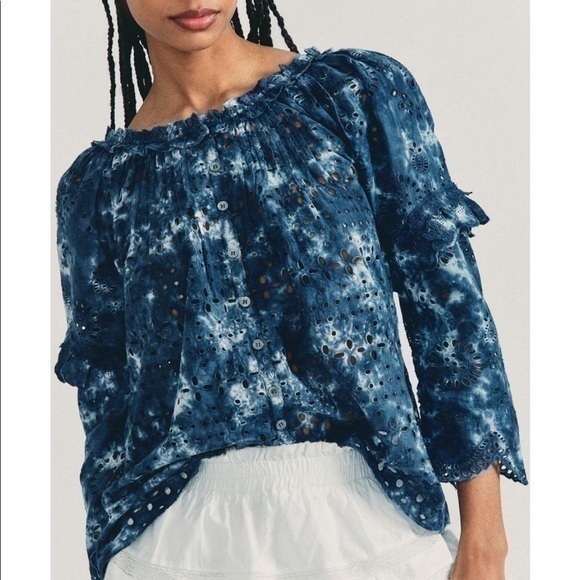 Loveshackfancy Pietro Eyelet Cotton Peasant Top Indigo Blue Size Small Nwt